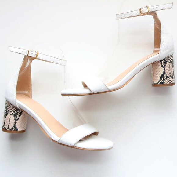 KAANAS Anthropologie White Leather Colum Heel Ankle Strap Sandals Snakeskin 7 - Picture 1 of 16